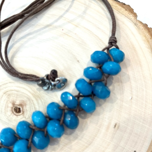 Teal beaded necklace on brown cord, made by Fossil - Picture 6 of 6